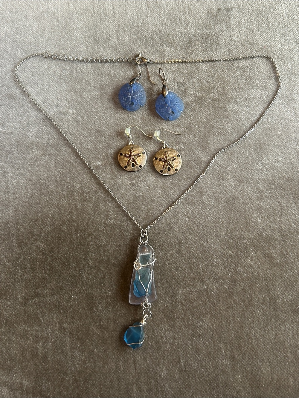 Vintage Blue Sea Glass Drop Necklace with Silver Wire Wrap + earrings